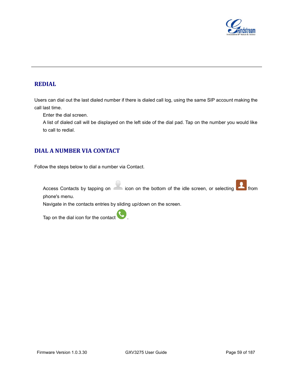 Redial, Dial a number via contact | Grandstream GXV3275 User Guide User Manual | Page 61 / 189