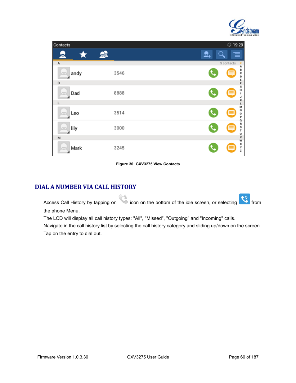 Dial a number via call history, Figure 30: gxv3275 view contacts | Grandstream GXV3275 User Guide User Manual | Page 62 / 189