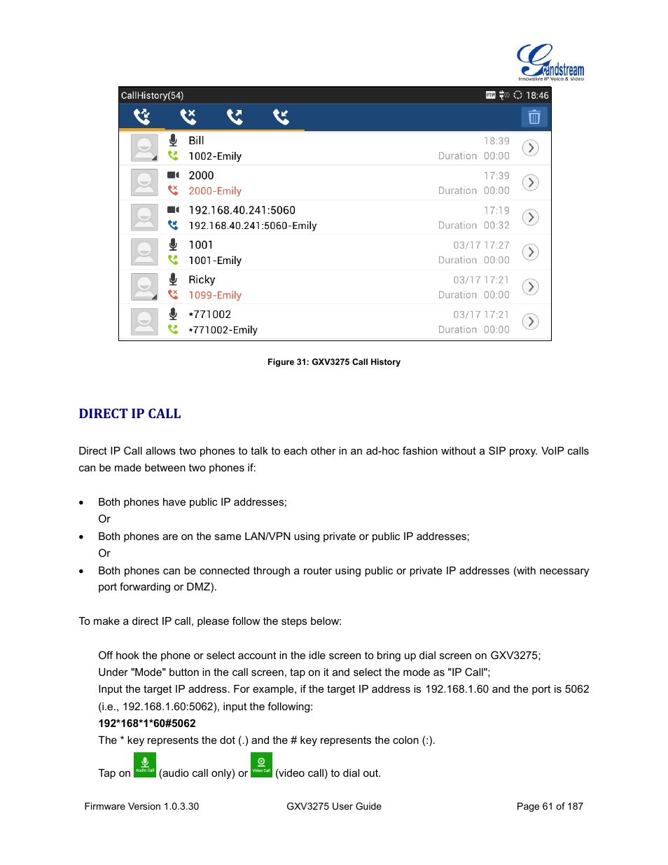 Direct ip call, Figure 31: gxv3275 call history | Grandstream GXV3275 User Guide User Manual | Page 63 / 189