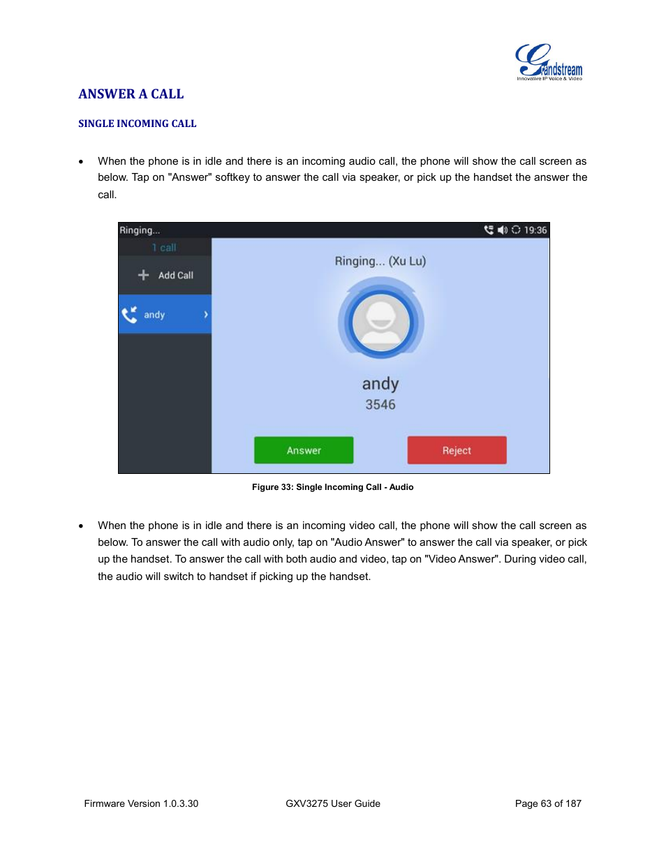 Answer a call, Single incoming call, Figure 33: single incoming call - audio | Grandstream GXV3275 User Guide User Manual | Page 65 / 189