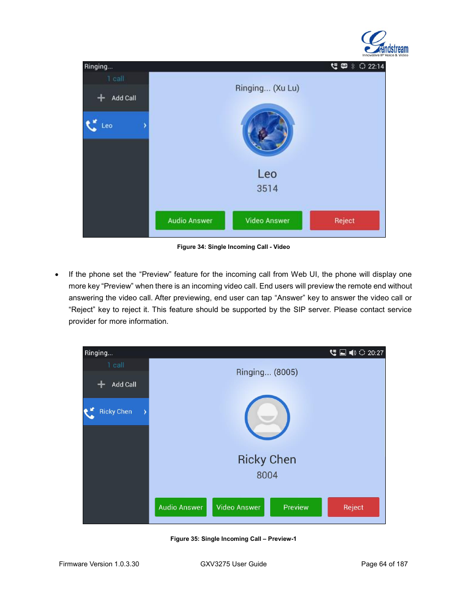 Figure 34: single incoming call - video, Figure 35: single incoming call – preview-1 | Grandstream GXV3275 User Guide User Manual | Page 66 / 189