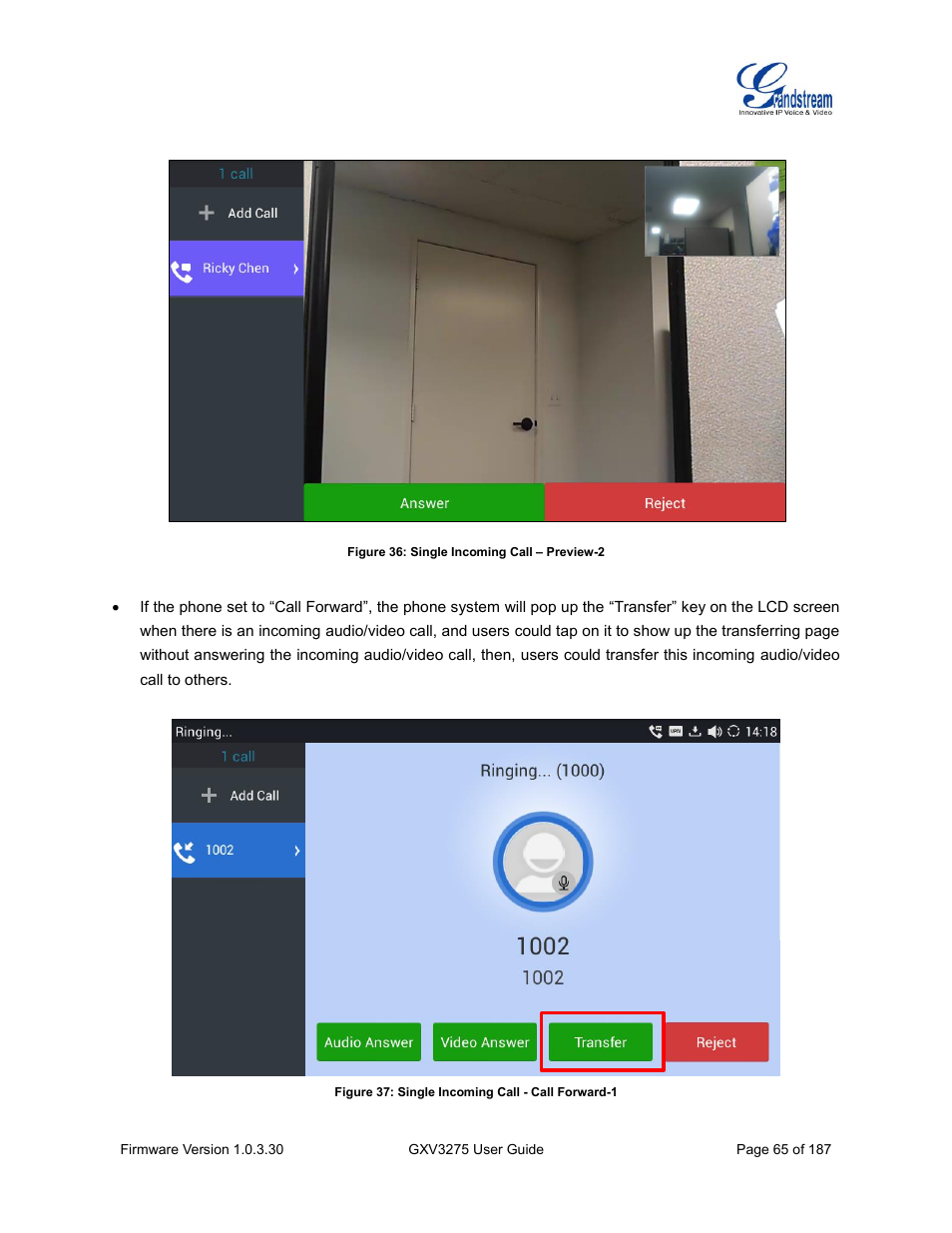 Figure 36: single incoming call – preview-2, Figure 37: single incoming call - call forward-1 | Grandstream GXV3275 User Guide User Manual | Page 67 / 189