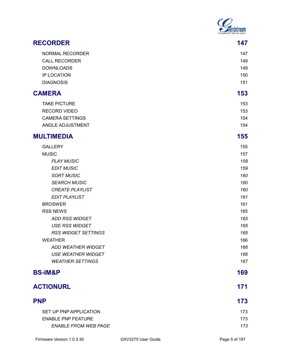 Recorder, Camera, Multimedia | Bs-im&p, Actionurl | Grandstream GXV3275 User Guide User Manual | Page 7 / 189