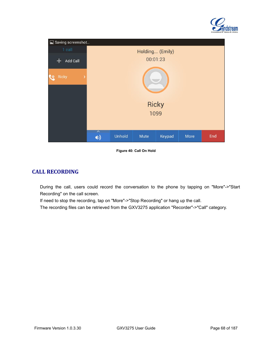 Call recording, Figure 40: call on hold | Grandstream GXV3275 User Guide User Manual | Page 70 / 189