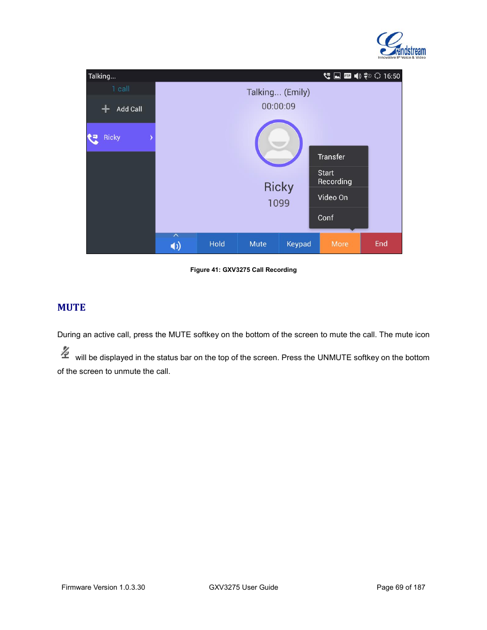 Mute, Figure 41: gxv3275 call recording | Grandstream GXV3275 User Guide User Manual | Page 71 / 189