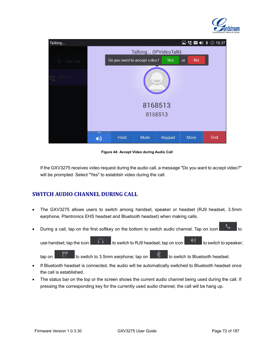 Switch audio channel during call, Figure 44: accept video during audio call | Grandstream GXV3275 User Guide User Manual | Page 74 / 189