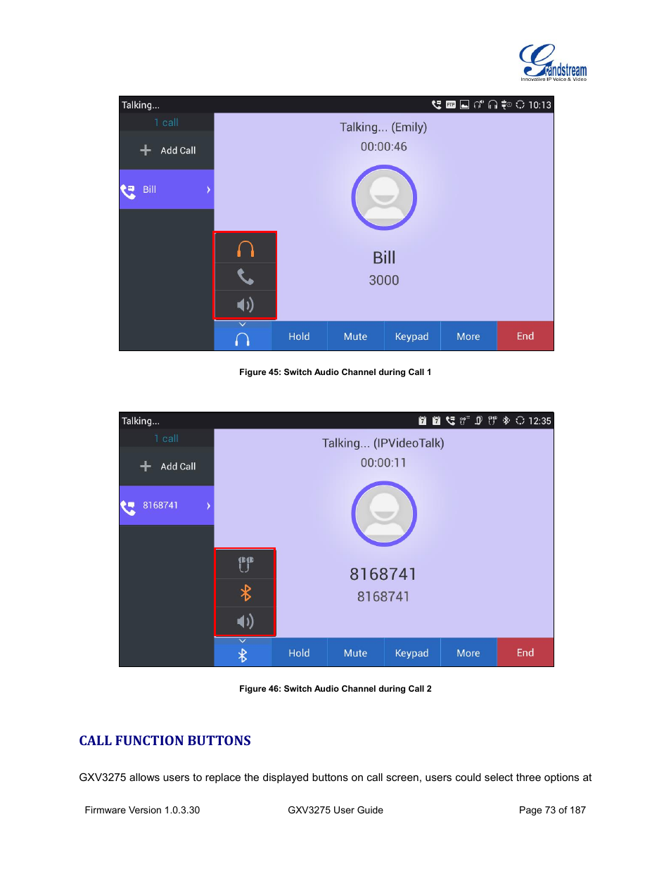 Call function buttons, Figure 45: switch audio channel during call 1, Figure 46: switch audio channel during call 2 | Grandstream GXV3275 User Guide User Manual | Page 75 / 189