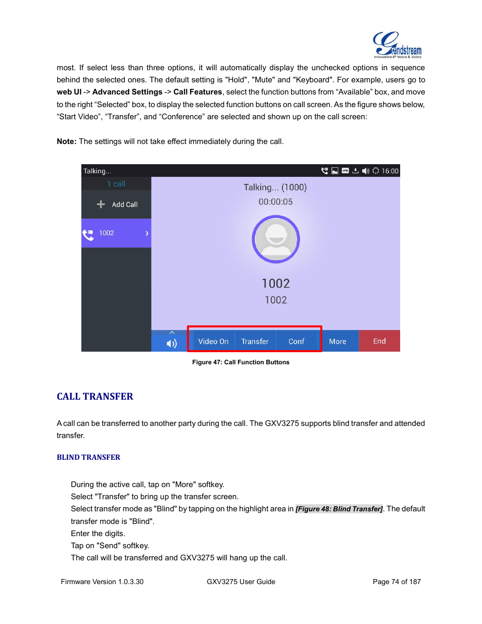 Call transfer, Blind transfer, Figure 47: call function buttons | Grandstream GXV3275 User Guide User Manual | Page 76 / 189