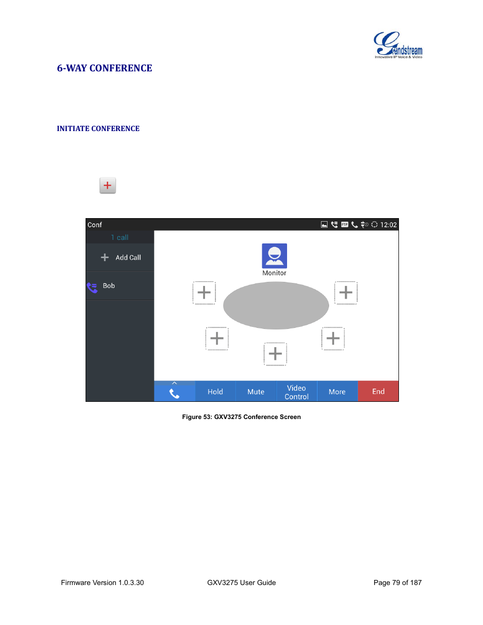 Way conference, Initiate conference, Figure 53: gxv3275 conference screen | Grandstream GXV3275 User Guide User Manual | Page 81 / 189