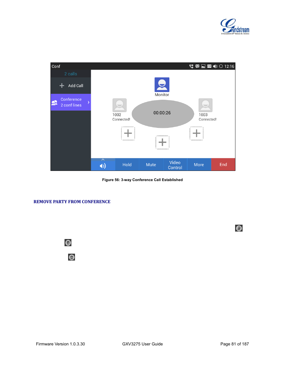 Remove party from conference, Figure 56: 3-way conference call established | Grandstream GXV3275 User Guide User Manual | Page 83 / 189