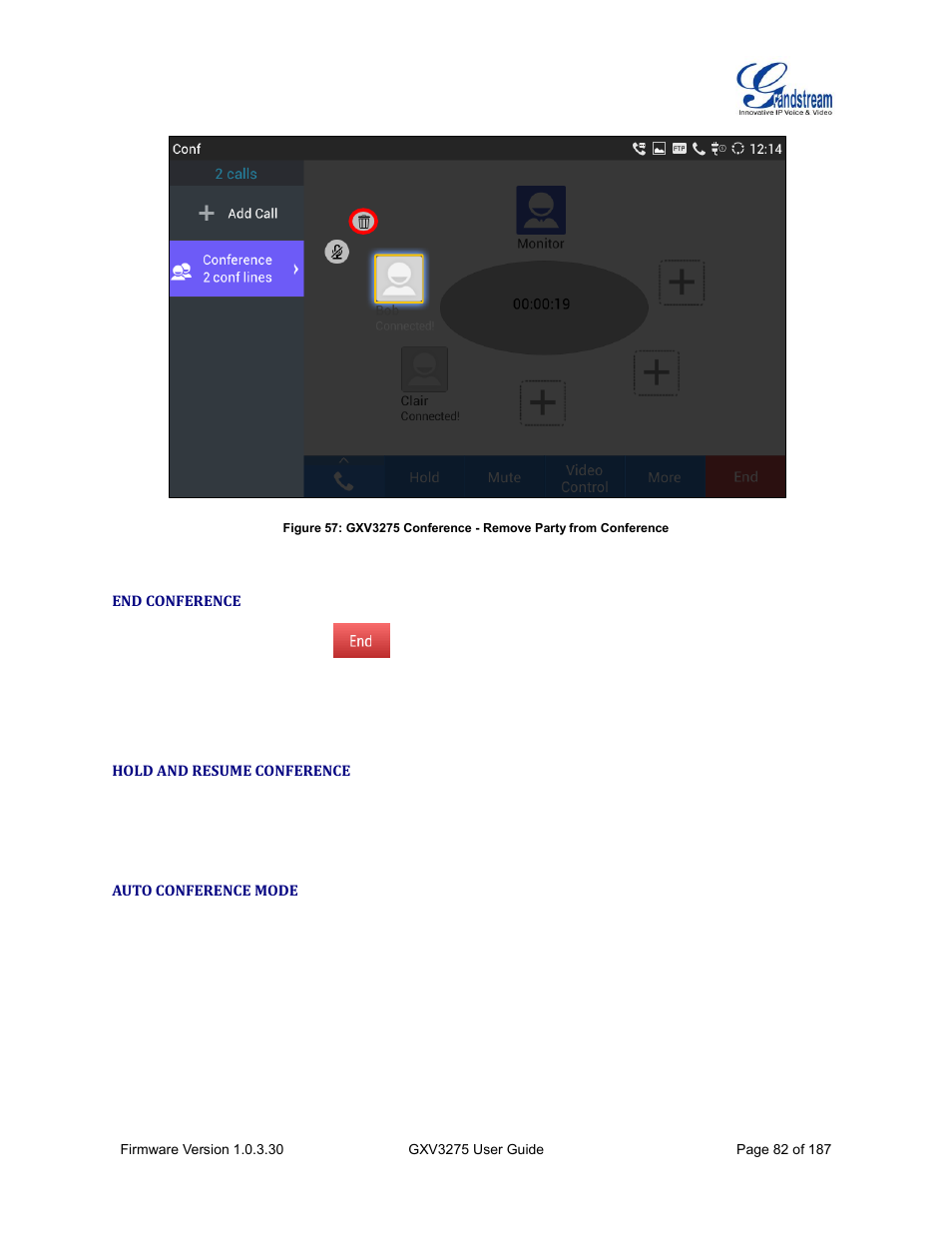 End conference, Hold and resume conference, Auto conference mode | Grandstream GXV3275 User Guide User Manual | Page 84 / 189