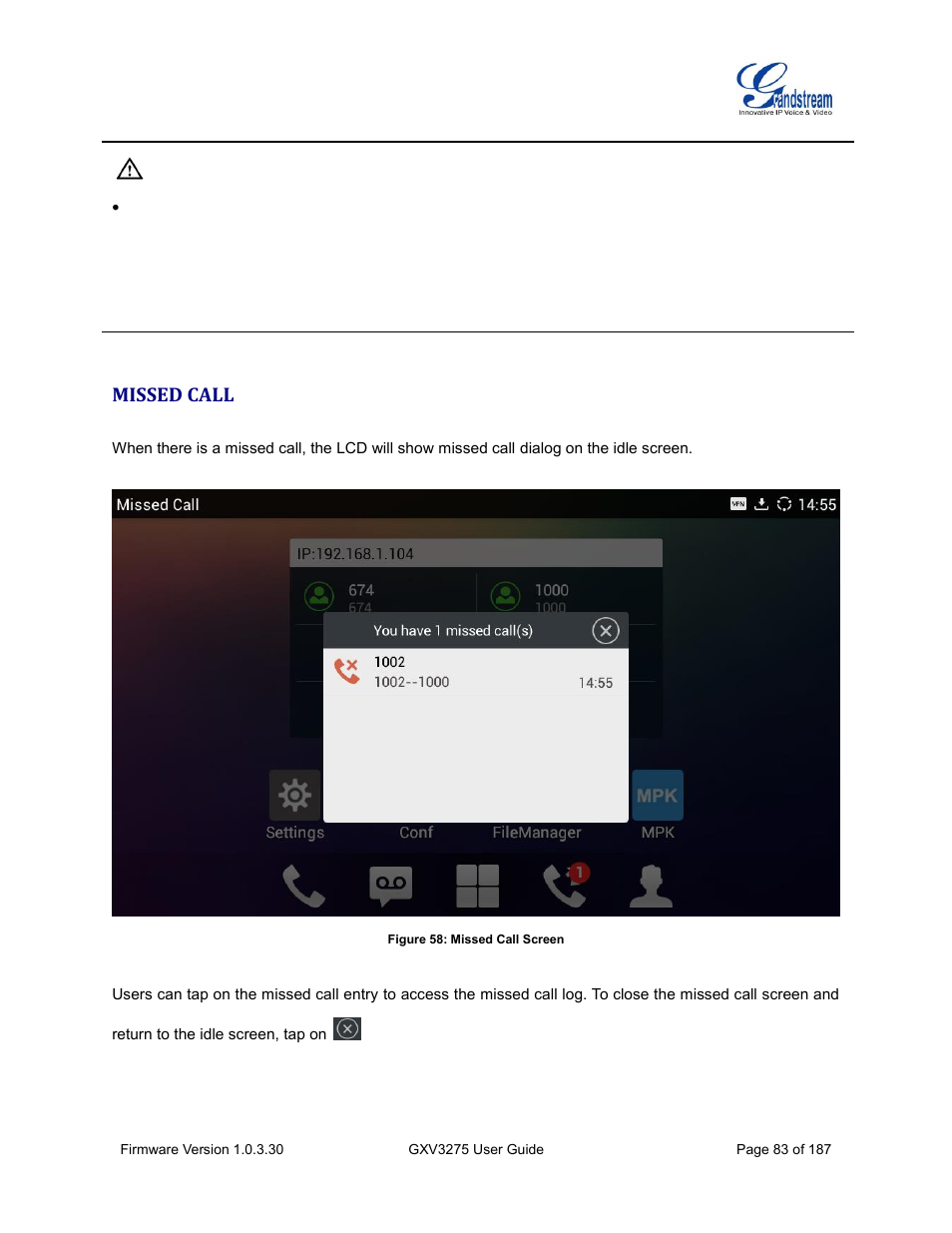Missed call, Figure 58: missed call screen | Grandstream GXV3275 User Guide User Manual | Page 85 / 189