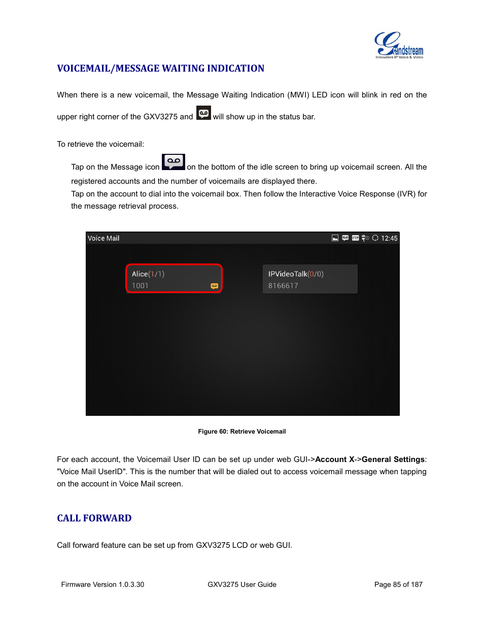 Voicemail/message waiting indication, Call forward, Figure 60: retrieve voicemail | Grandstream GXV3275 User Guide User Manual | Page 87 / 189