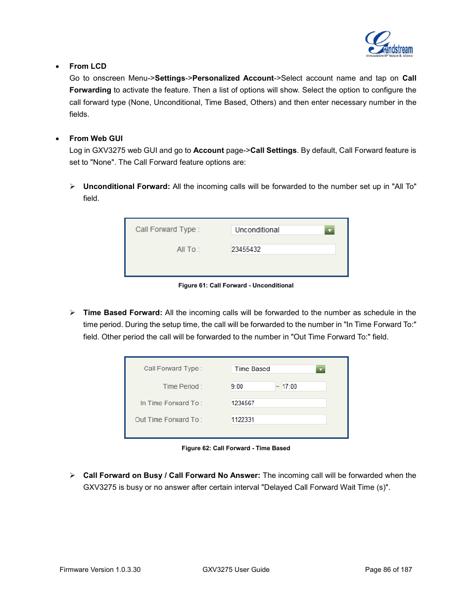 Figure 61: call forward - unconditional, Figure 62: call forward - time based | Grandstream GXV3275 User Guide User Manual | Page 88 / 189