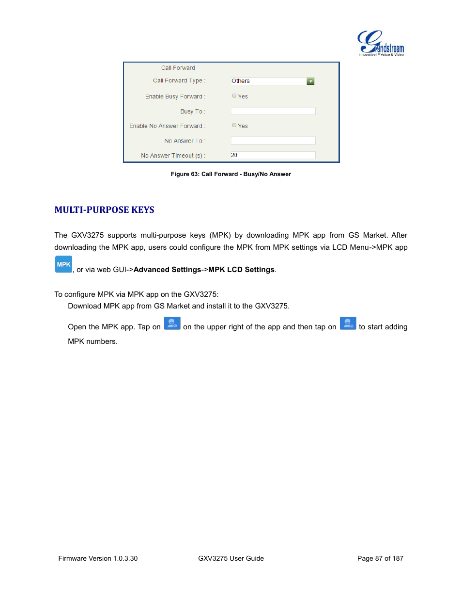 Multi-purpose keys, Figure 63: call forward - busy/no answer | Grandstream GXV3275 User Guide User Manual | Page 89 / 189