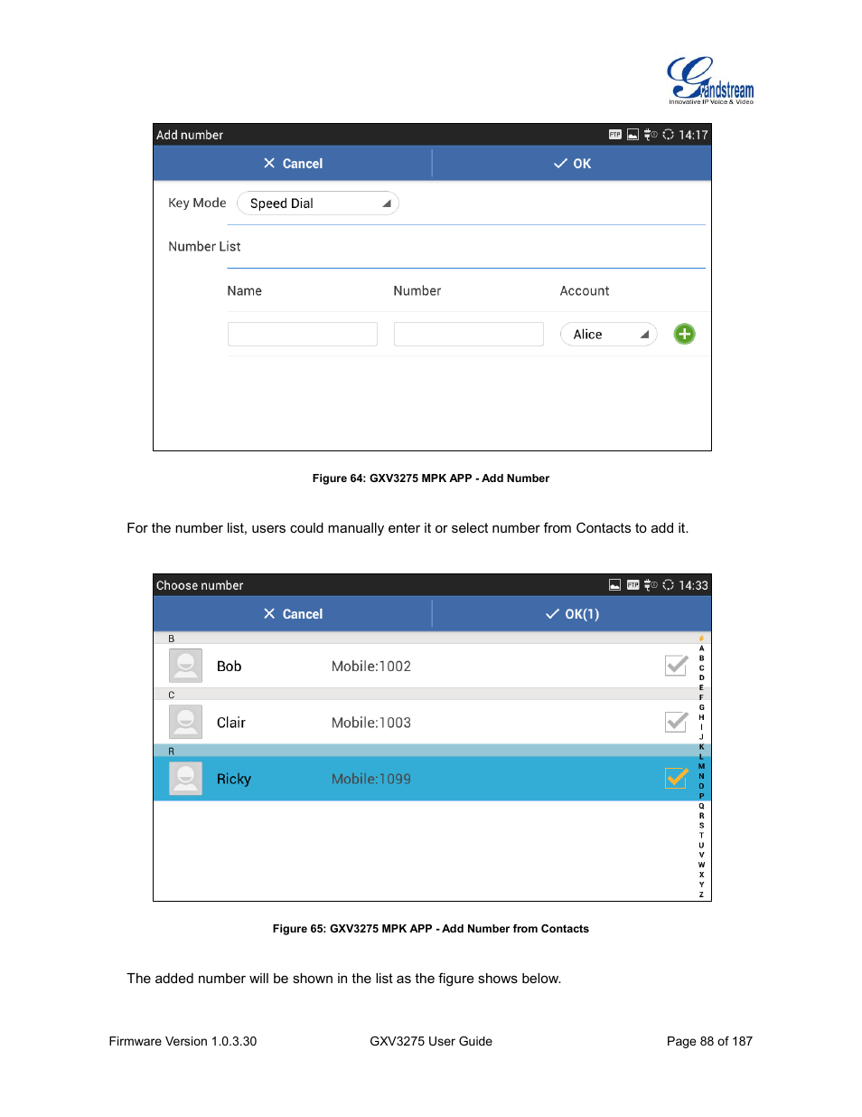 Figure 64: gxv3275 mpk app - add number | Grandstream GXV3275 User Guide User Manual | Page 90 / 189