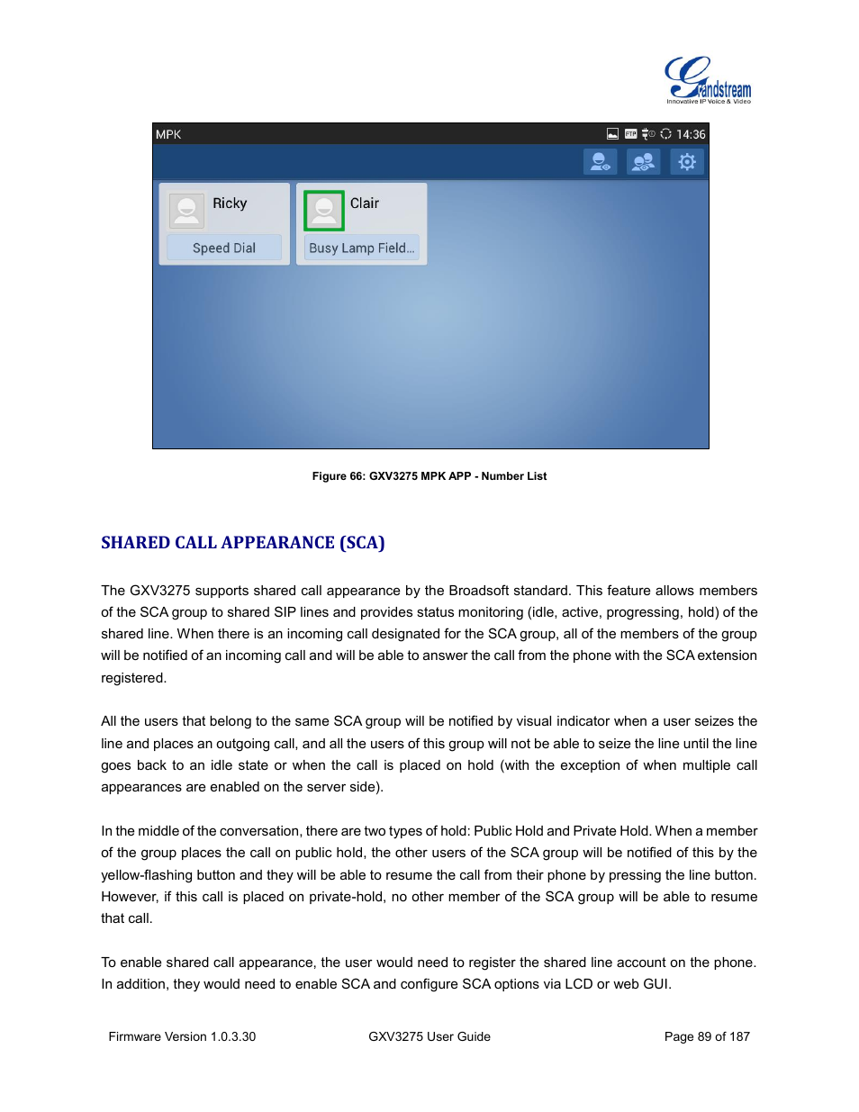 Shared call appearance (sca), Figure 66: gxv3275 mpk app - number list | Grandstream GXV3275 User Guide User Manual | Page 91 / 189