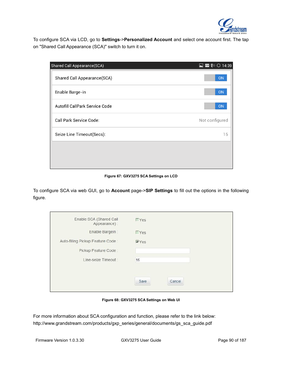 Figure 67: gxv3275 sca settings on lcd, Figure 68: gxv3275 sca settings on web ui | Grandstream GXV3275 User Guide User Manual | Page 92 / 189