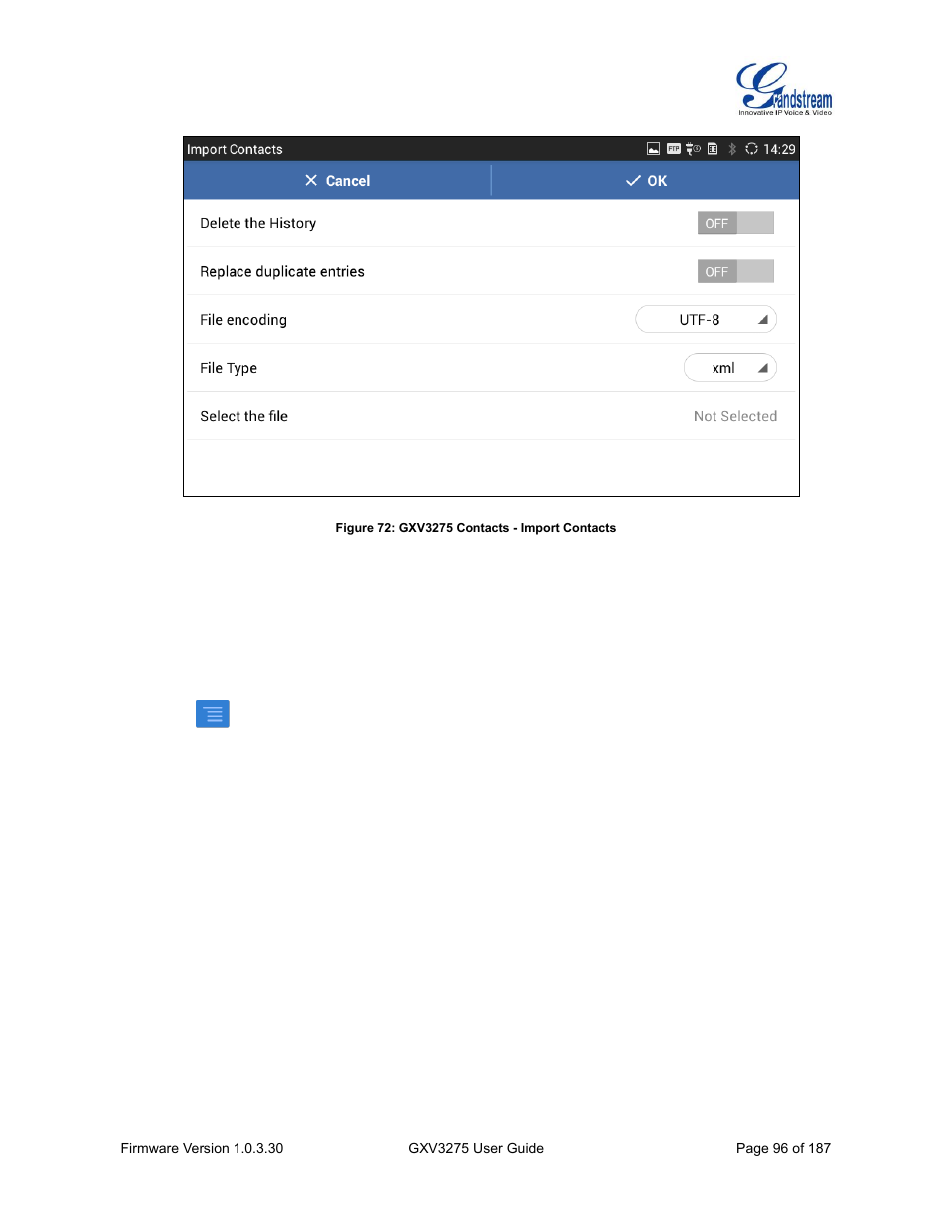 Figure 72: gxv3275 contacts - import contacts | Grandstream GXV3275 User Guide User Manual | Page 98 / 189