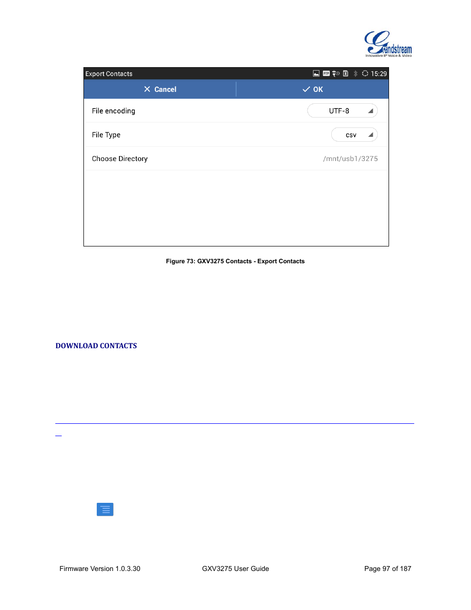 Download contacts, Figure 73: gxv3275 contacts - export contacts | Grandstream GXV3275 User Guide User Manual | Page 99 / 189