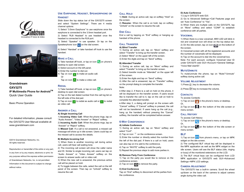 Grandstream GXV3275 Quick User Guide User Manual | 1 page