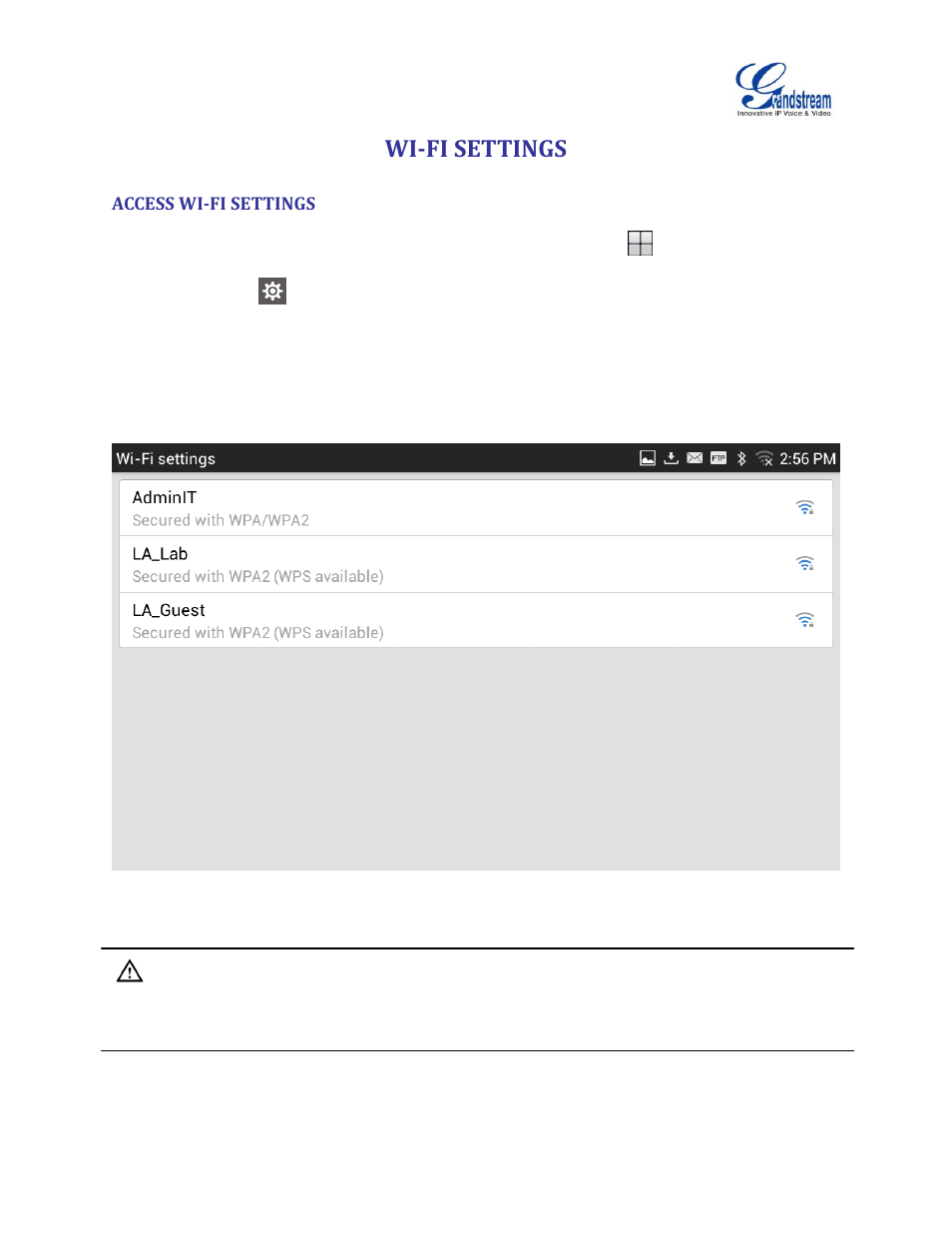 Wi-fi settings, Access wi-fi settings, Figure 7: gxv3275 available wi-fi network list | Grandstream GXV3275 Wi-Fi Guide User Manual | Page 11 / 21