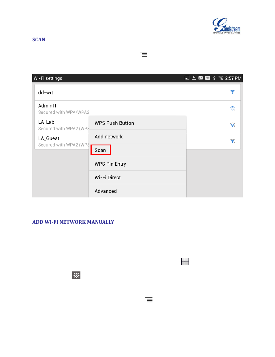 Scan, Add wi-fi network manually, Figure 8: gxv3275 wi-fi settings: scan | Grandstream GXV3275 Wi-Fi Guide User Manual | Page 12 / 21