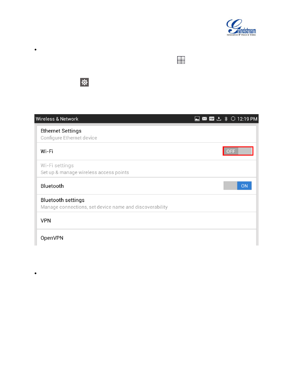 Figure 1: turn on/off wi-fi from status bar, Figure 2: turn on/off wi-fi from settings | Grandstream GXV3275 Wi-Fi Guide User Manual | Page 6 / 21