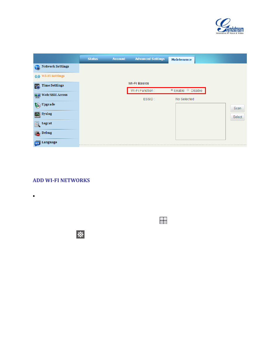 Add wi-fi networks, Figure 3: turn on/off wi-fi from web ui | Grandstream GXV3275 Wi-Fi Guide User Manual | Page 7 / 21