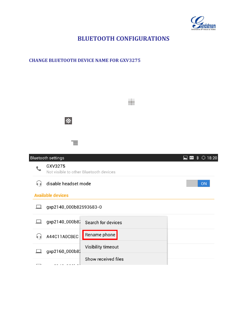 Bluetooth configurations, Change bluetooth device name for gxv3275, Figure 7: rename option | Grandstream GXV3275 Bluetooth Guide User Manual | Page 10 / 17