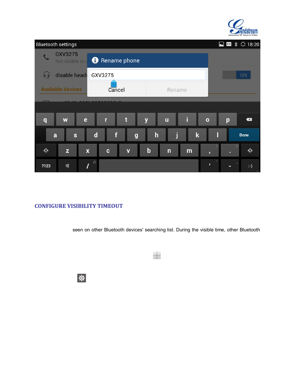 Configure visibility timeout, Figure 8: enter new name for bluetooth device | Grandstream GXV3275 Bluetooth Guide User Manual | Page 11 / 17