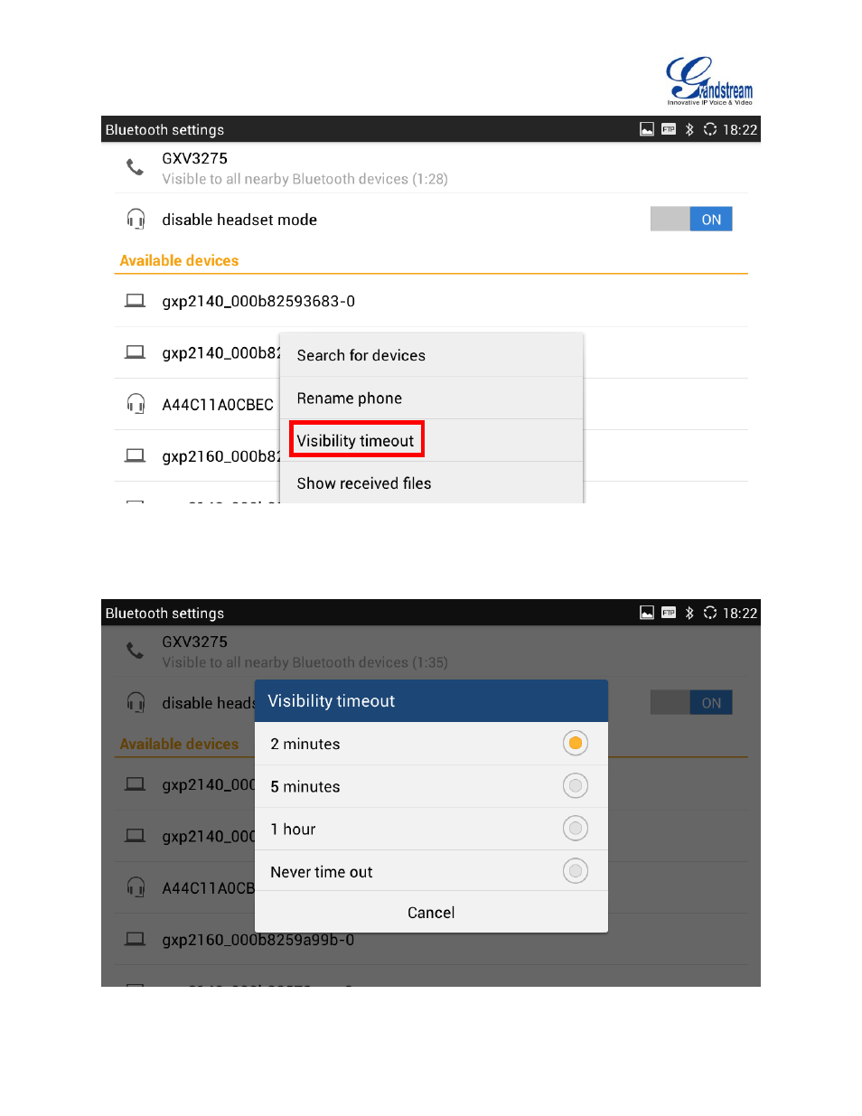 Figure 10: visibility timeout option, Figure 11: select visibility timeout | Grandstream GXV3275 Bluetooth Guide User Manual | Page 13 / 17