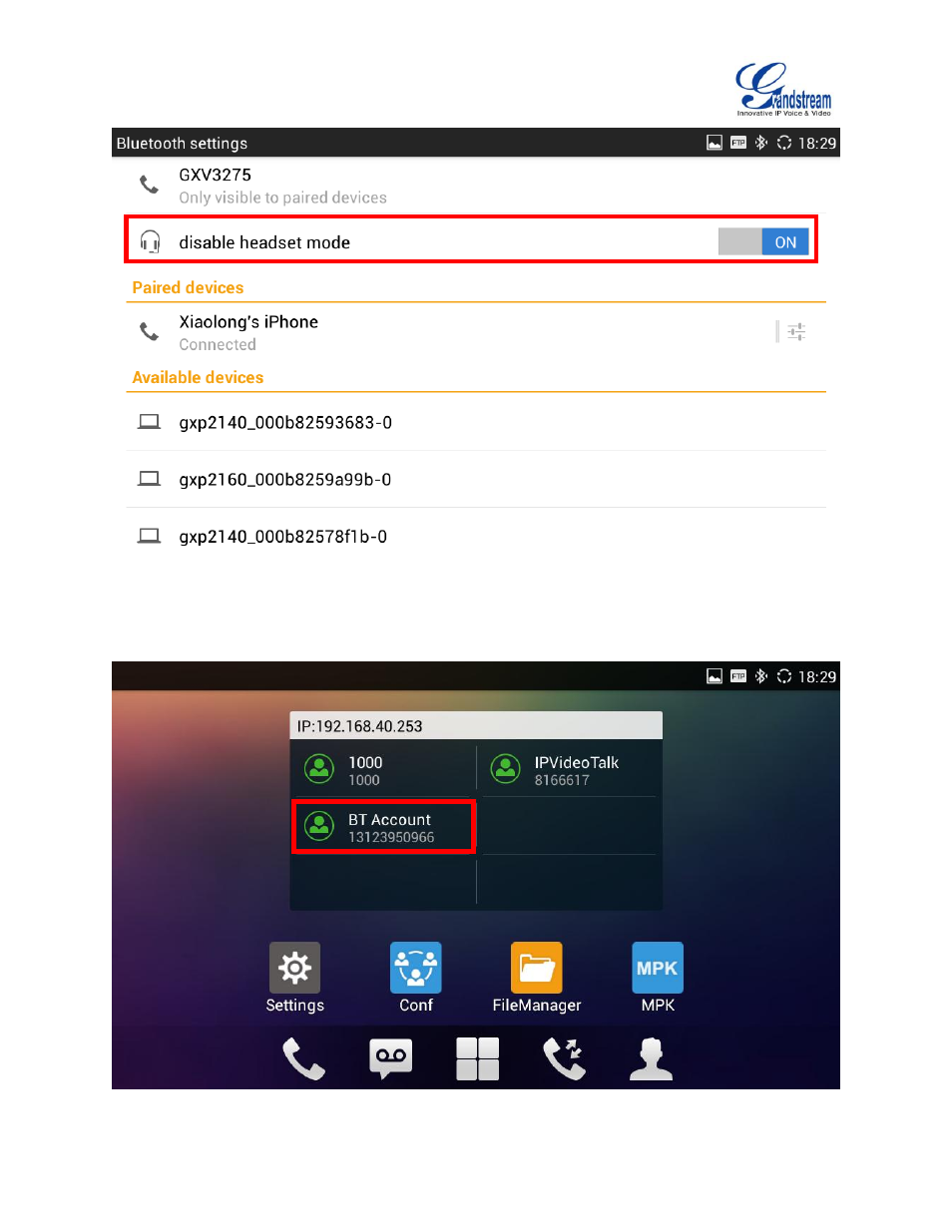 Figure 12: enable headset mode, Figure 13: bt account displayed in account widget | Grandstream GXV3275 Bluetooth Guide User Manual | Page 15 / 17