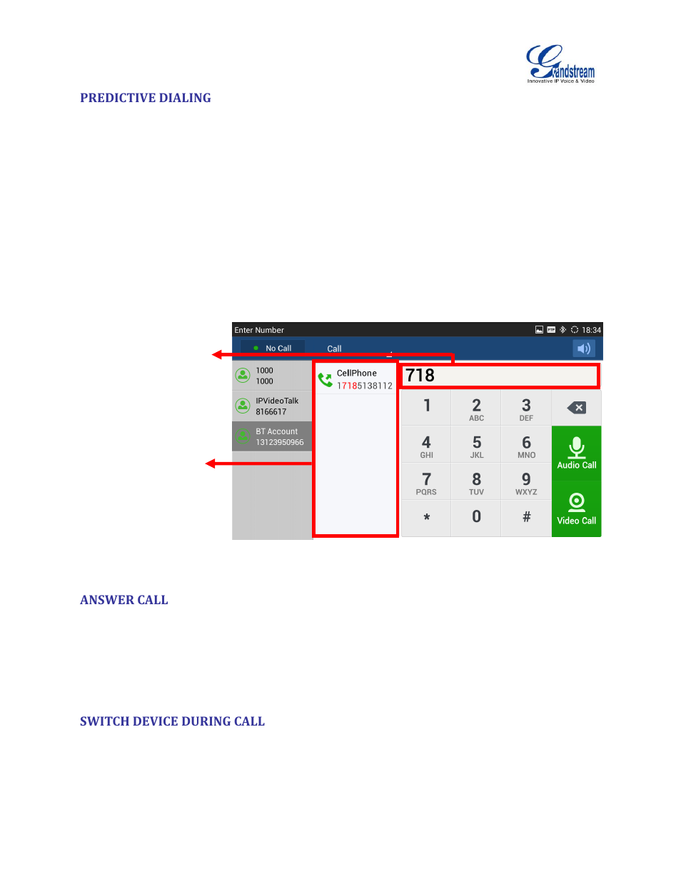 Predictive dialing, Answer call, Switch device during call | Figure 14: predictive dialing list | Grandstream GXV3275 Bluetooth Guide User Manual | Page 16 / 17
