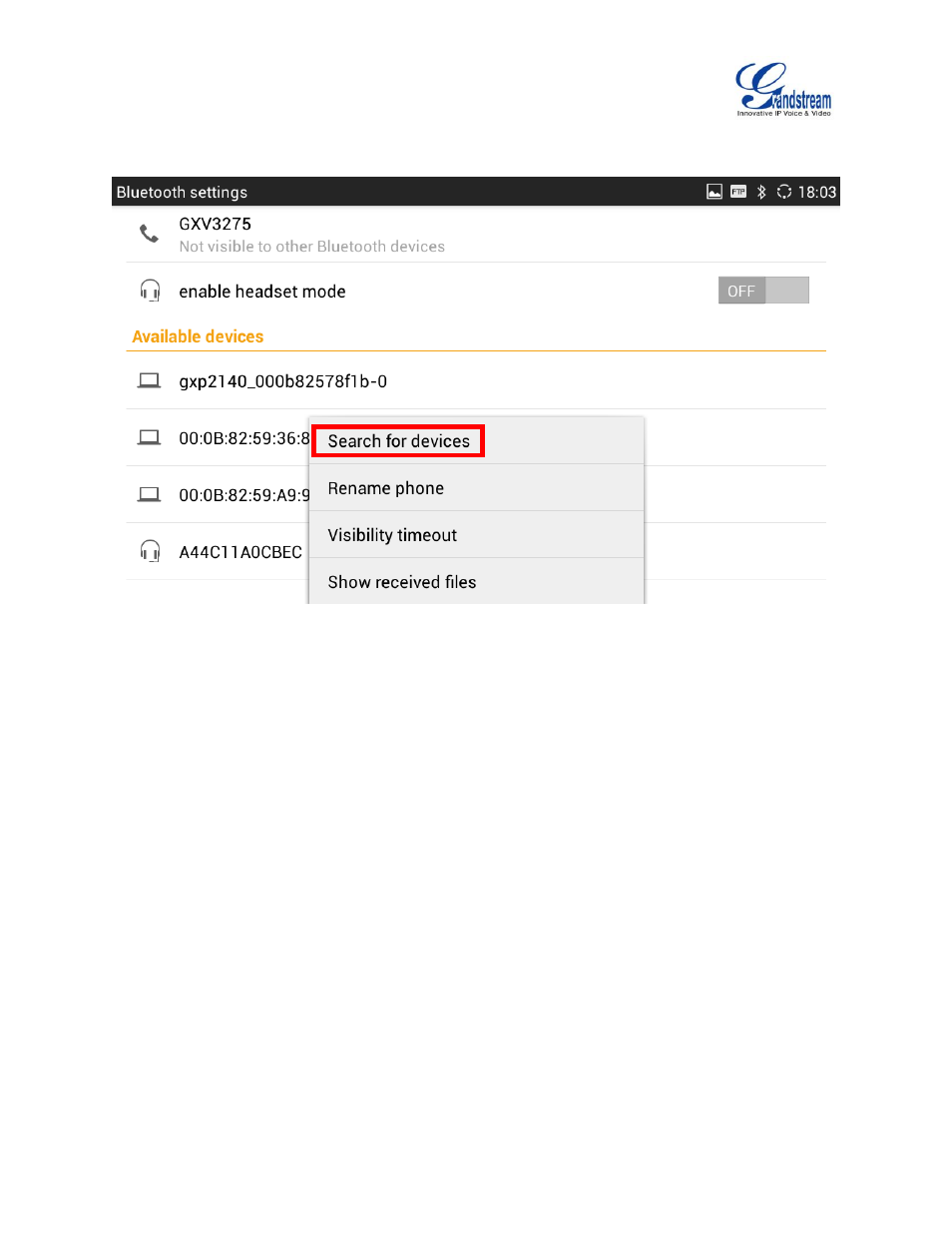 Figure 3: search for devices | Grandstream GXV3275 Bluetooth Guide User Manual | Page 7 / 17
