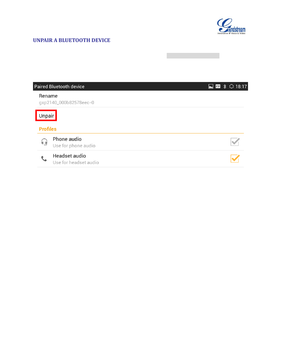 Unpair a bluetooth device, Figure 6: paired device details | Grandstream GXV3275 Bluetooth Guide User Manual | Page 9 / 17