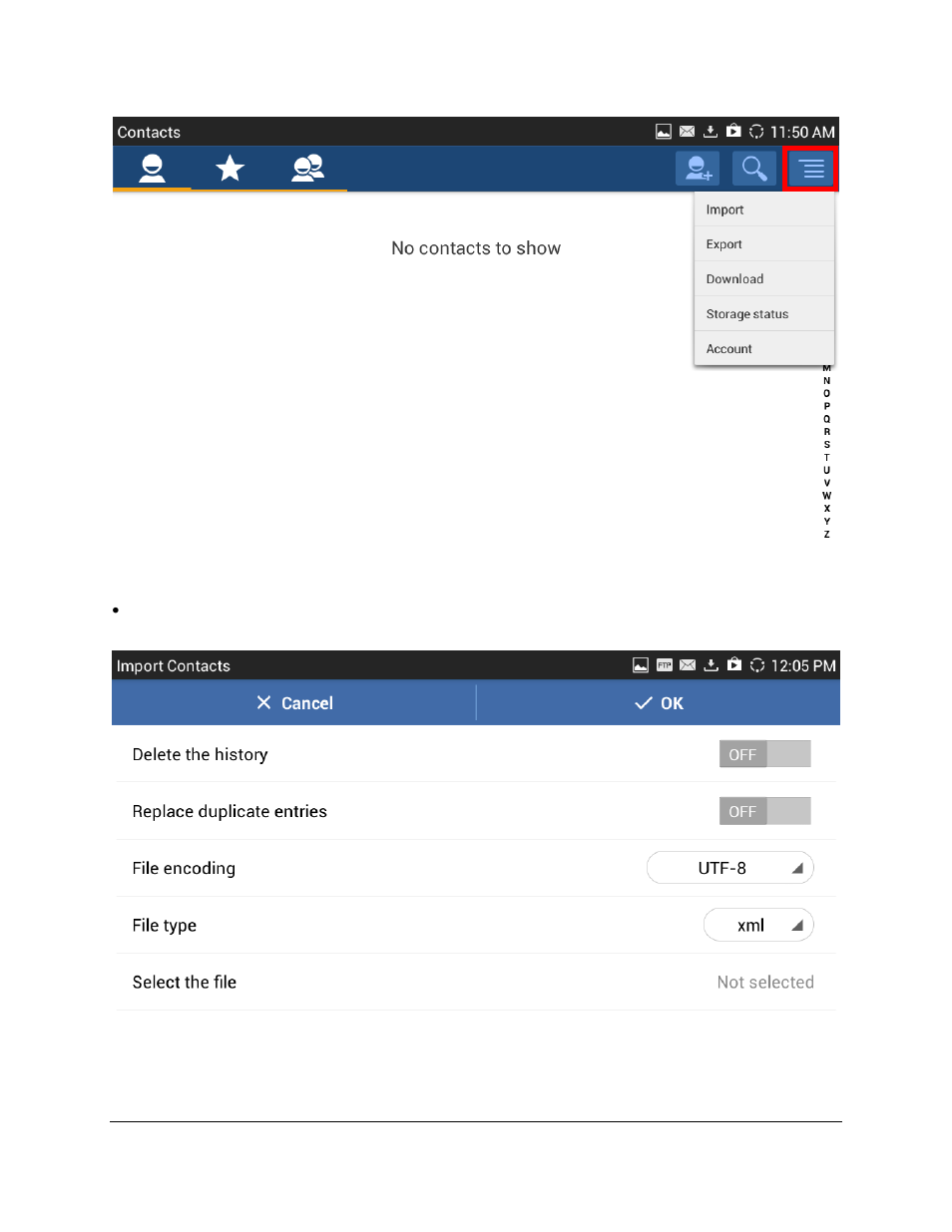 Figure 6: import and export phone book xml file, Figure 7: import phone book xml file: settings | Grandstream GXV3275 XML Phonebook Guide User Manual | Page 11 / 22