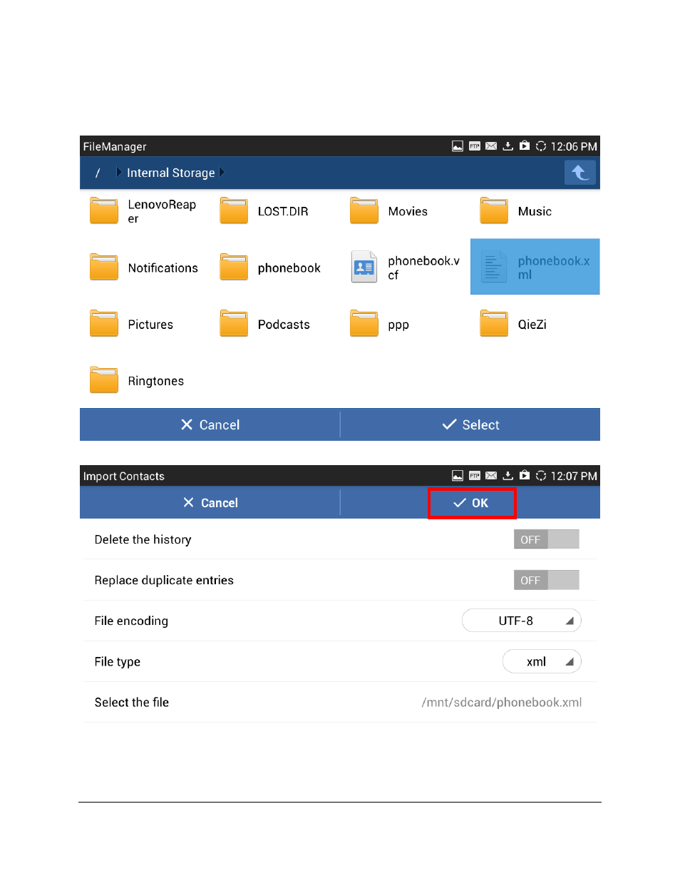 Figure 8: import phone book xml file: choose file, Figure 9: import phone book xml file: import | Grandstream GXV3275 XML Phonebook Guide User Manual | Page 12 / 22