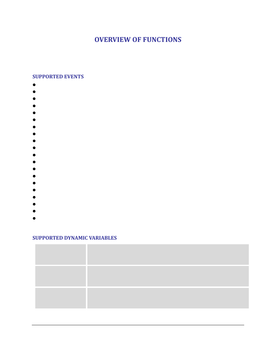 Overview of functions, Supported events, Supported dynamic variables | Grandstream Action URL Guide User Manual | Page 5 / 10