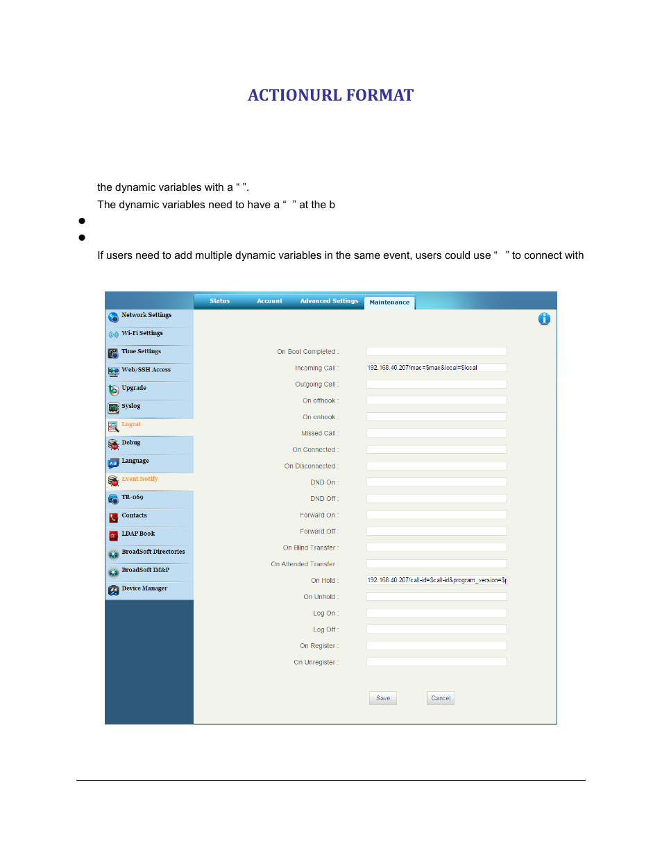 Actionurl format, Figure 1: actionurl example on phone web ui | Grandstream Action URL Guide User Manual | Page 7 / 10