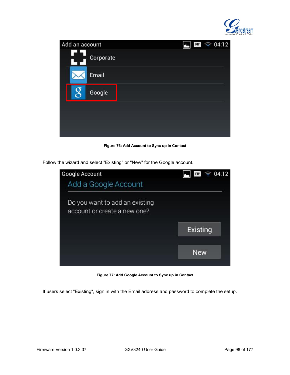 Figure 76: add account to sync up in contact | Grandstream GXV3240 User Guide User Manual | Page 100 / 179