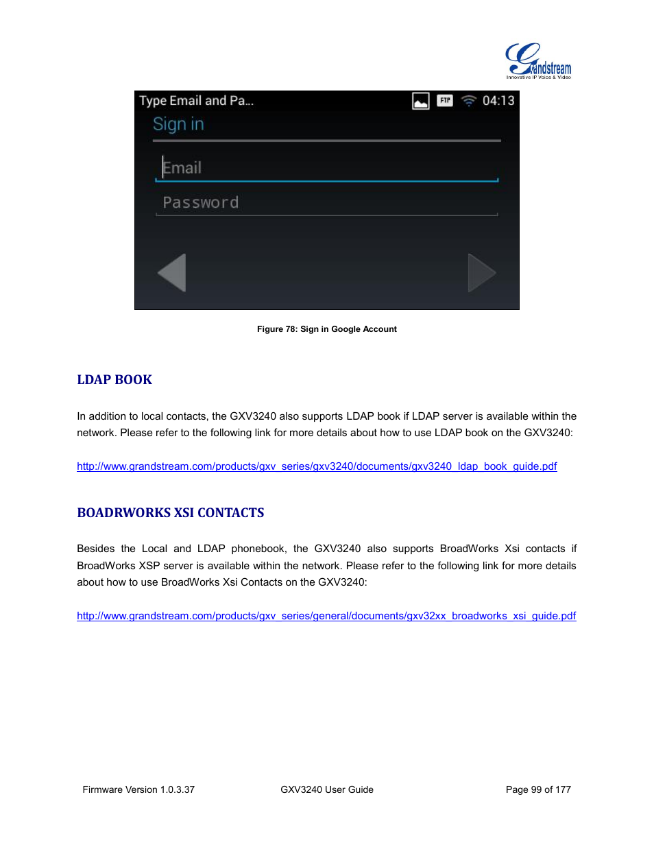 Ldap book, Boadrworks xsi contacts, Figure 78: sign in google account | Grandstream GXV3240 User Guide User Manual | Page 101 / 179
