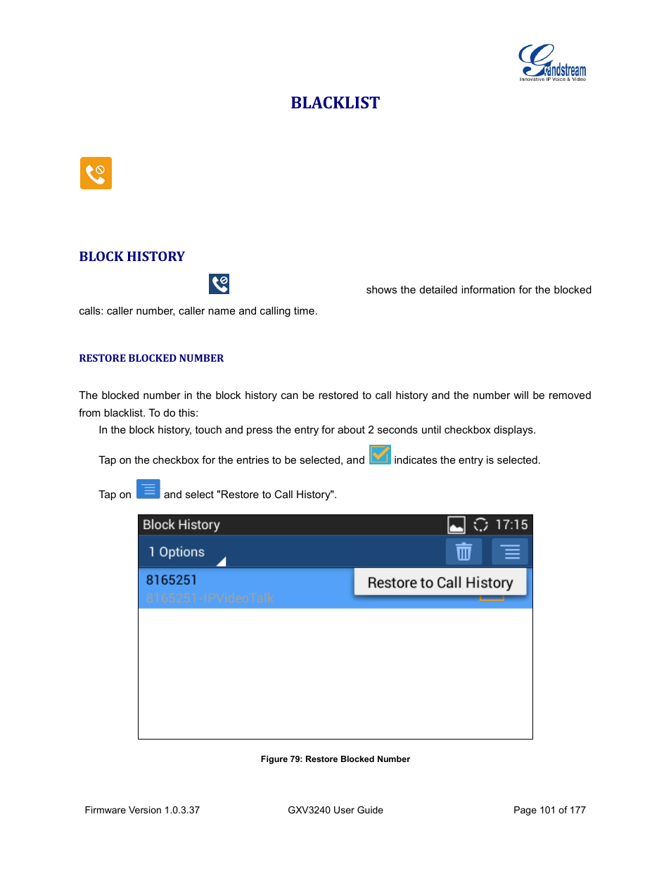 Blacklist, Block history, Restore blocked number | Figure 79: restore blocked number | Grandstream GXV3240 User Guide User Manual | Page 103 / 179