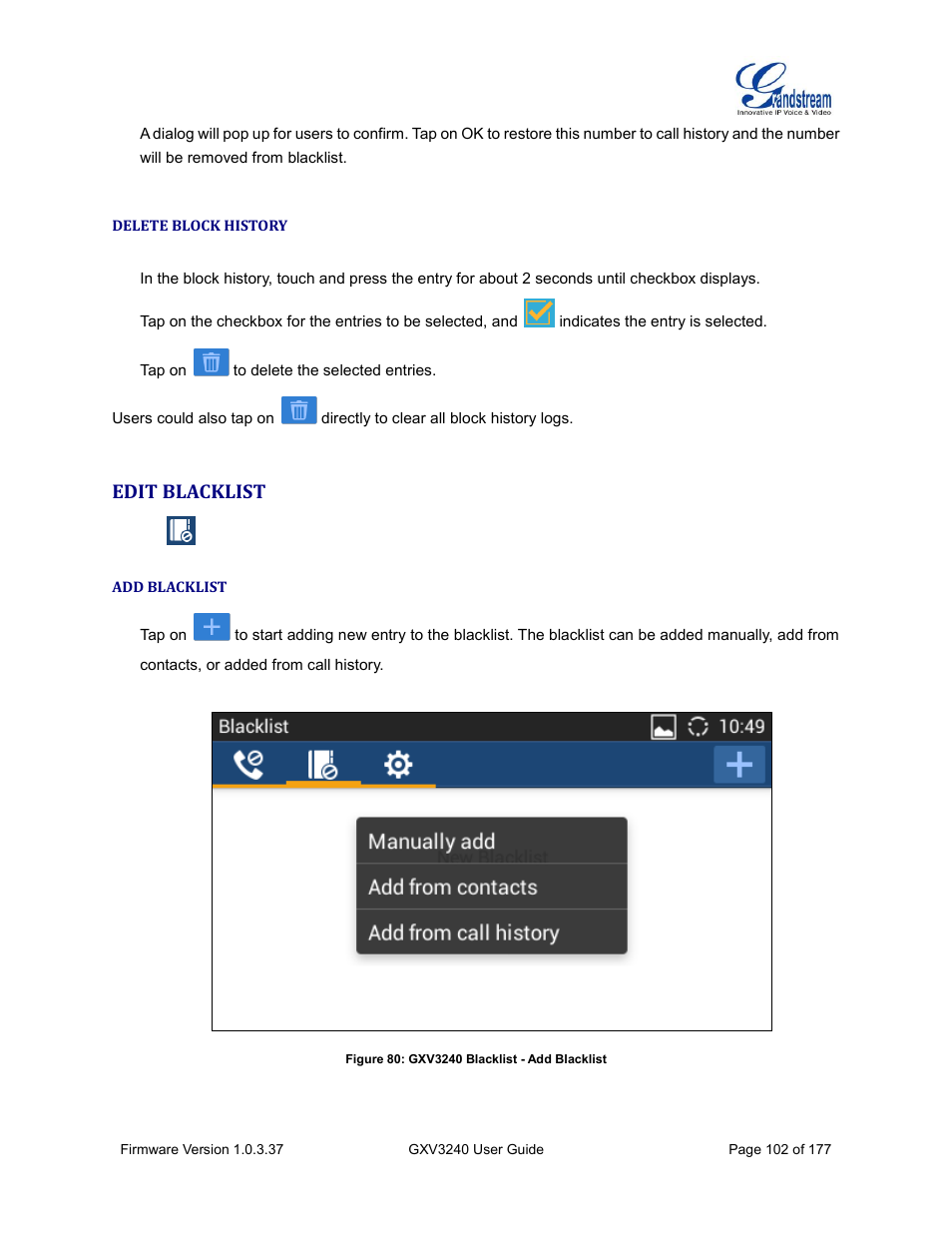 Delete block history, Edit blacklist, Add blacklist | Figure 80: gxv3240 blacklist - add blacklist | Grandstream GXV3240 User Guide User Manual | Page 104 / 179