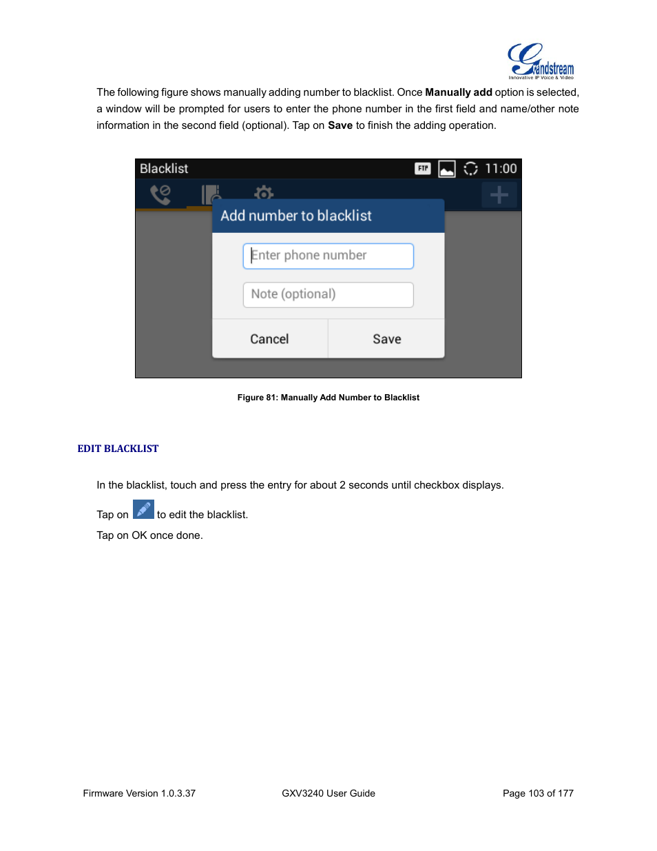 Edit blacklist, Figure 81: manually add number to blacklist | Grandstream GXV3240 User Guide User Manual | Page 105 / 179