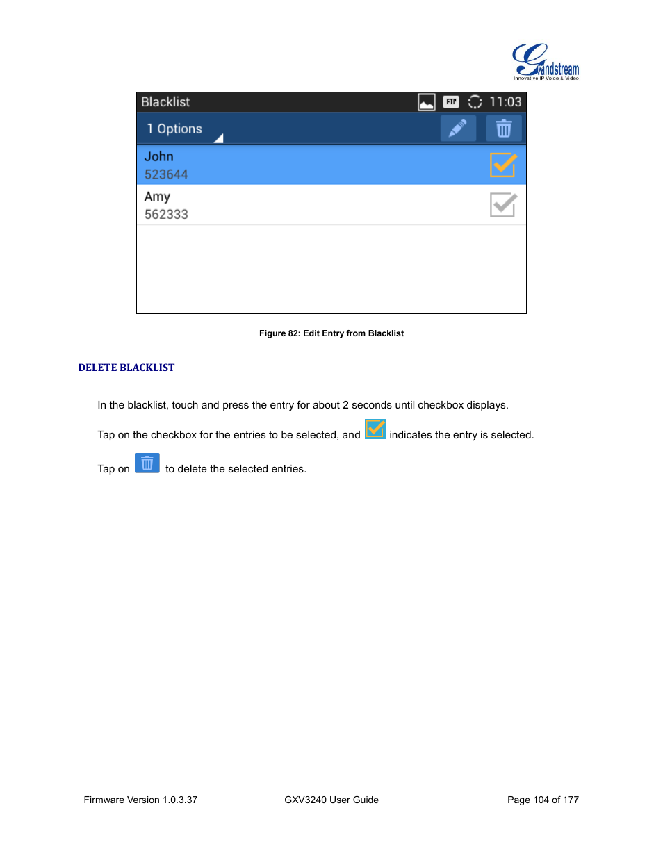 Delete blacklist, Figure 82: edit entry from blacklist | Grandstream GXV3240 User Guide User Manual | Page 106 / 179