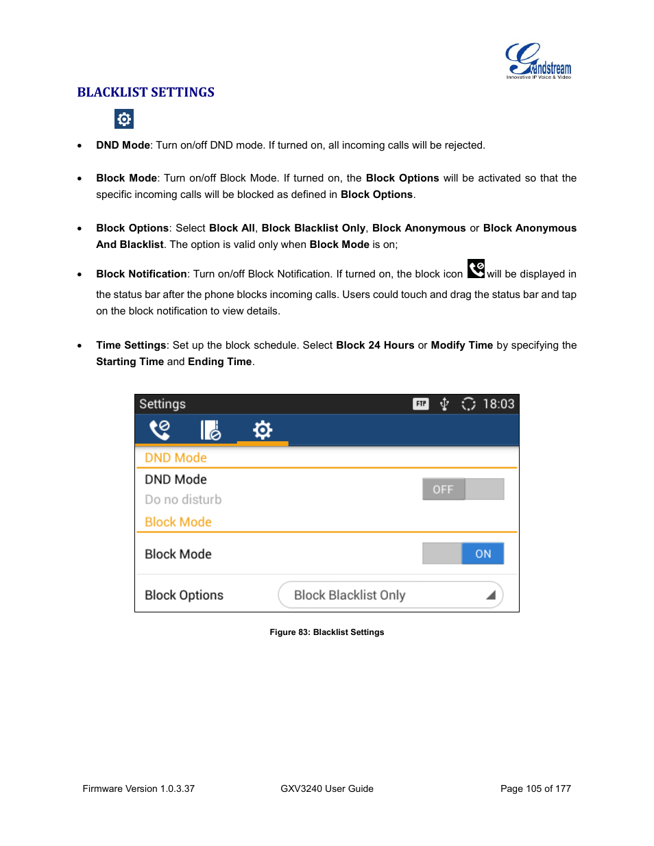 Blacklist settings, Figure 83: blacklist settings | Grandstream GXV3240 User Guide User Manual | Page 107 / 179