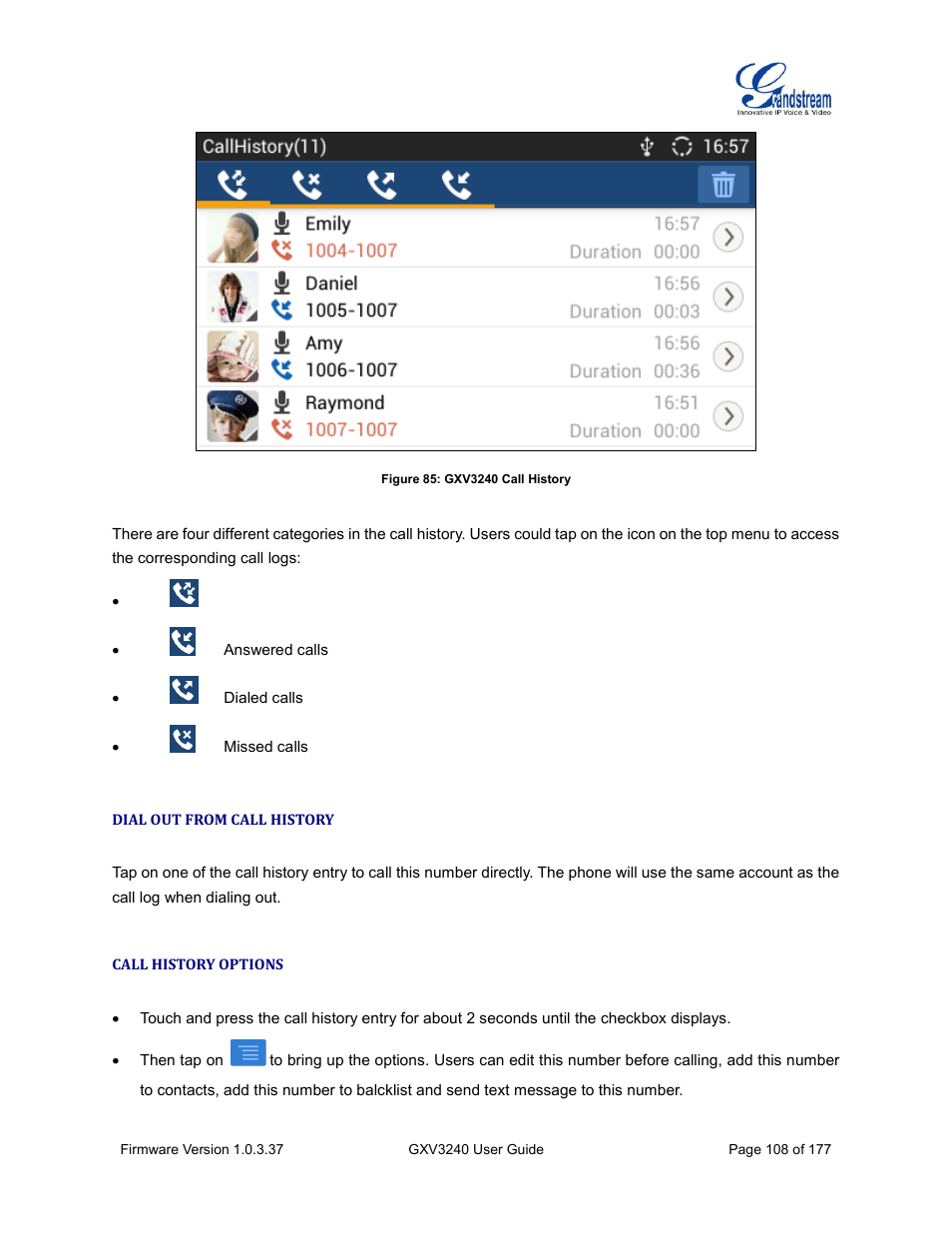 Dial out from call history, Call history options, Figure 85: gxv3240 call history | Grandstream GXV3240 User Guide User Manual | Page 110 / 179