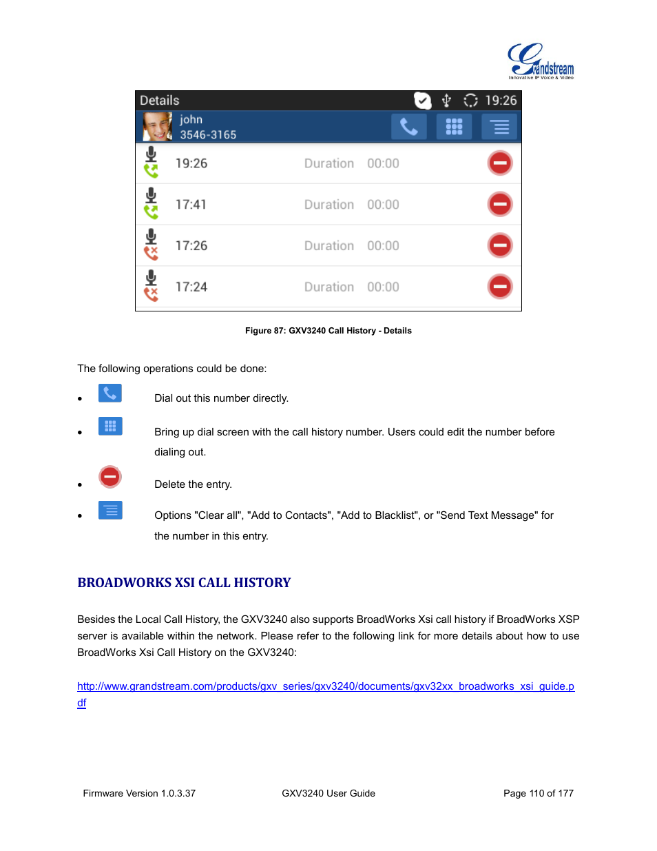 Broadworks xsi call history, Figure 87: gxv3240 call history - details | Grandstream GXV3240 User Guide User Manual | Page 112 / 179