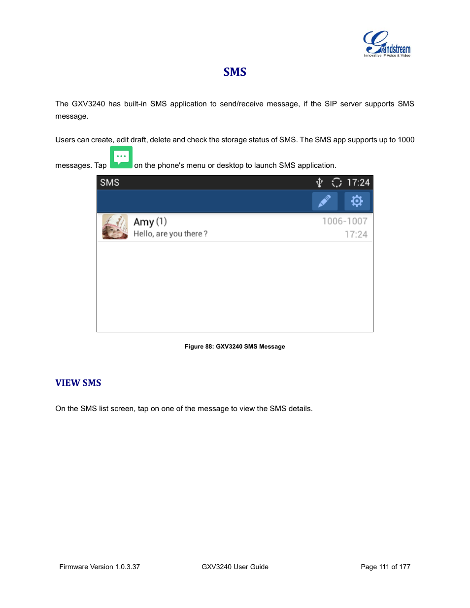 View sms, Figure 88: gxv3240 sms message | Grandstream GXV3240 User Guide User Manual | Page 113 / 179